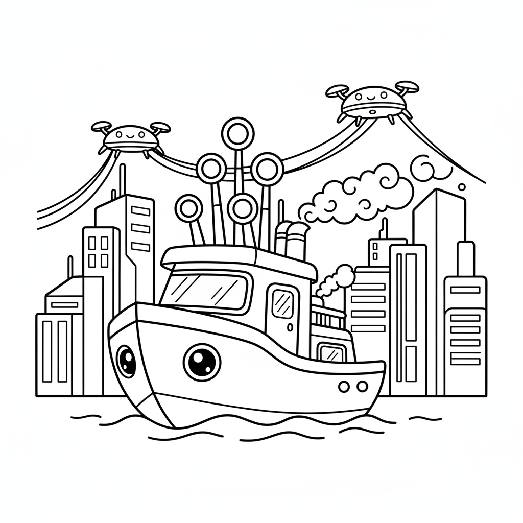 Boat coloring page for everyone - Cyberpunk style