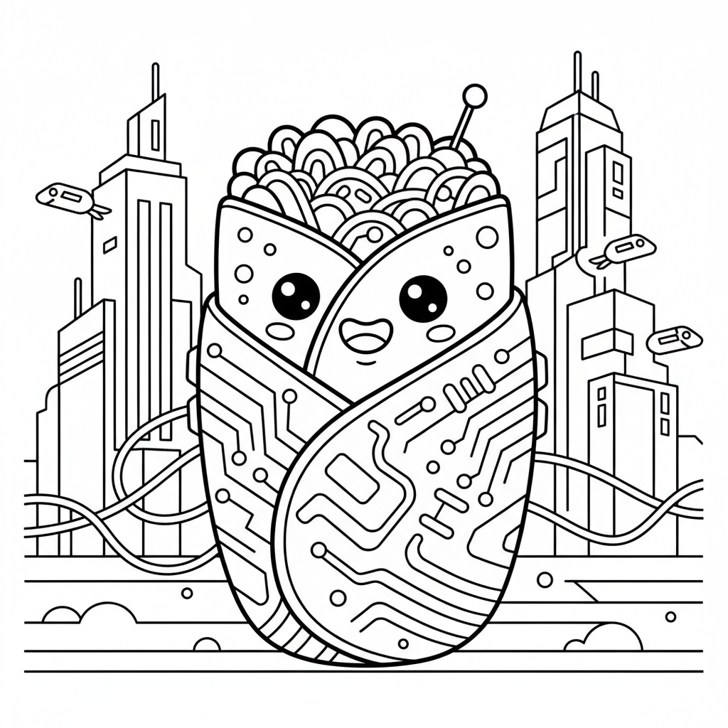 Burrito coloring page for everyone - Cyberpunk style