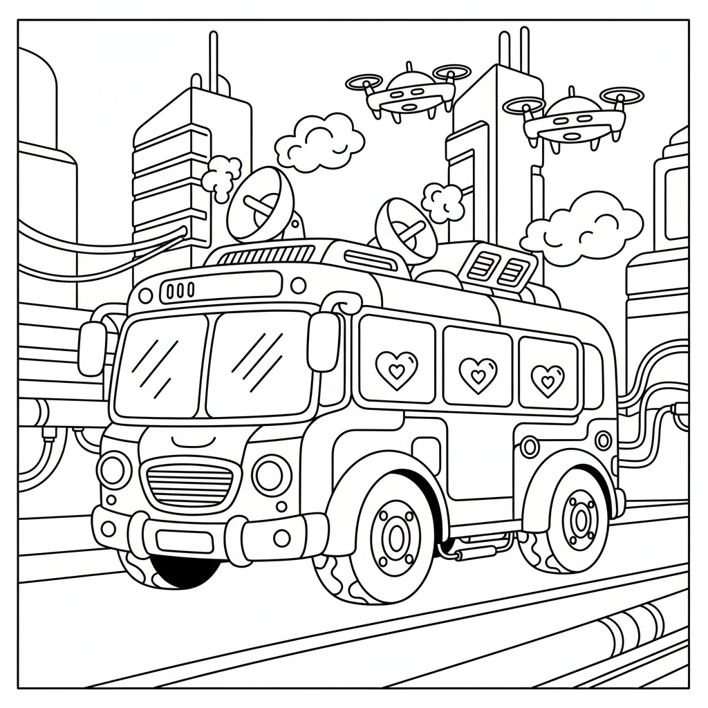 Bus coloring page for everyone - Cyberpunk style