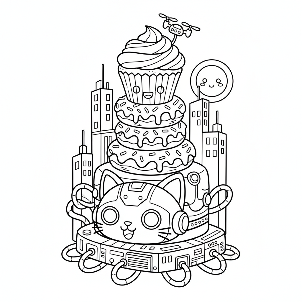 Cake coloring page for everyone - Cyberpunk style