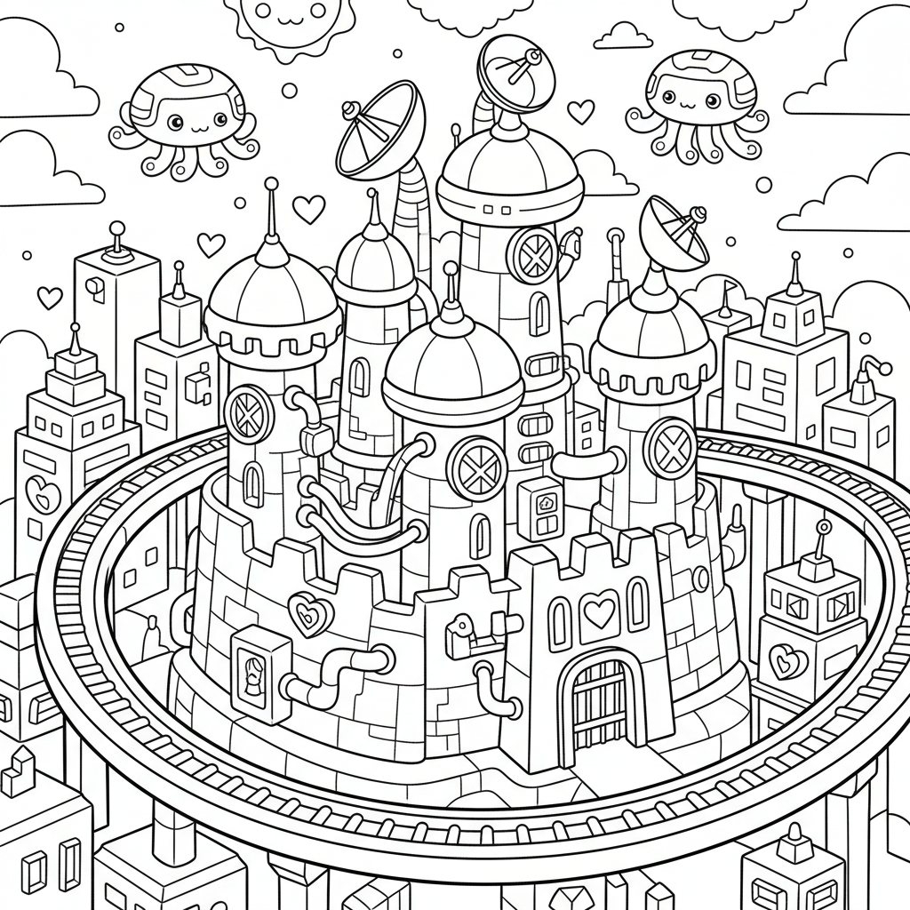 Castle coloring page for everyone - Cyberpunk style