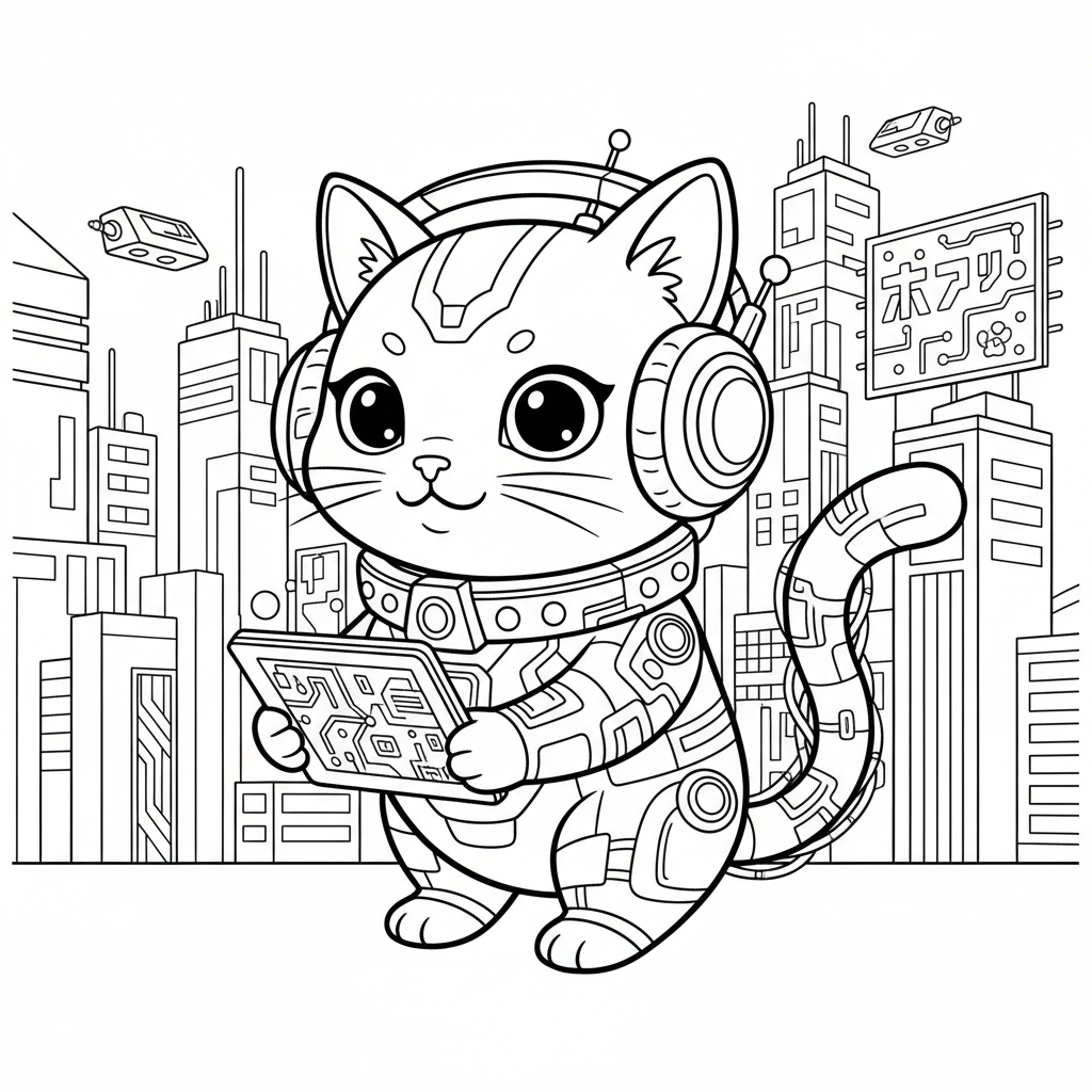 Cat coloring page for everyone - Cyberpunk style