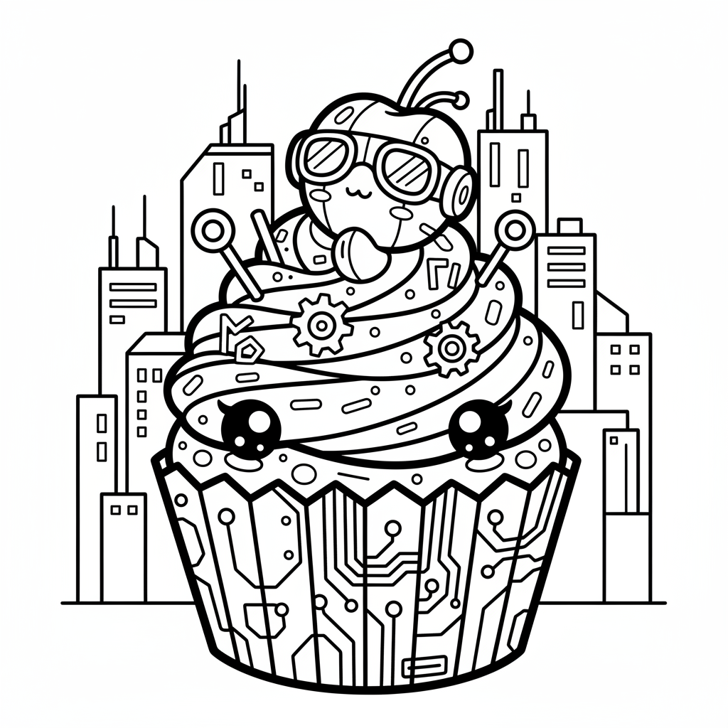 Cupcake coloring page for everyone - Cyberpunk style