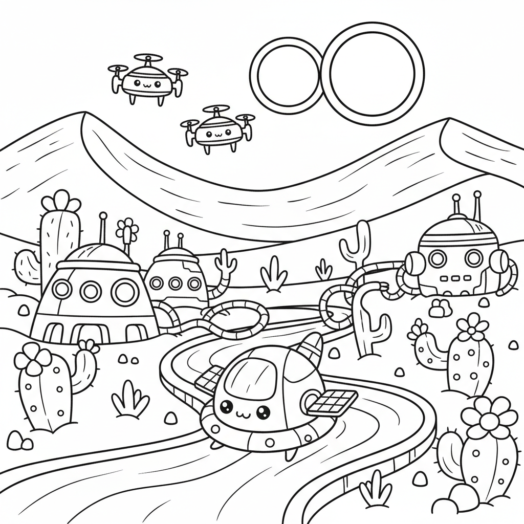 Desert coloring page for everyone - Cyberpunk style