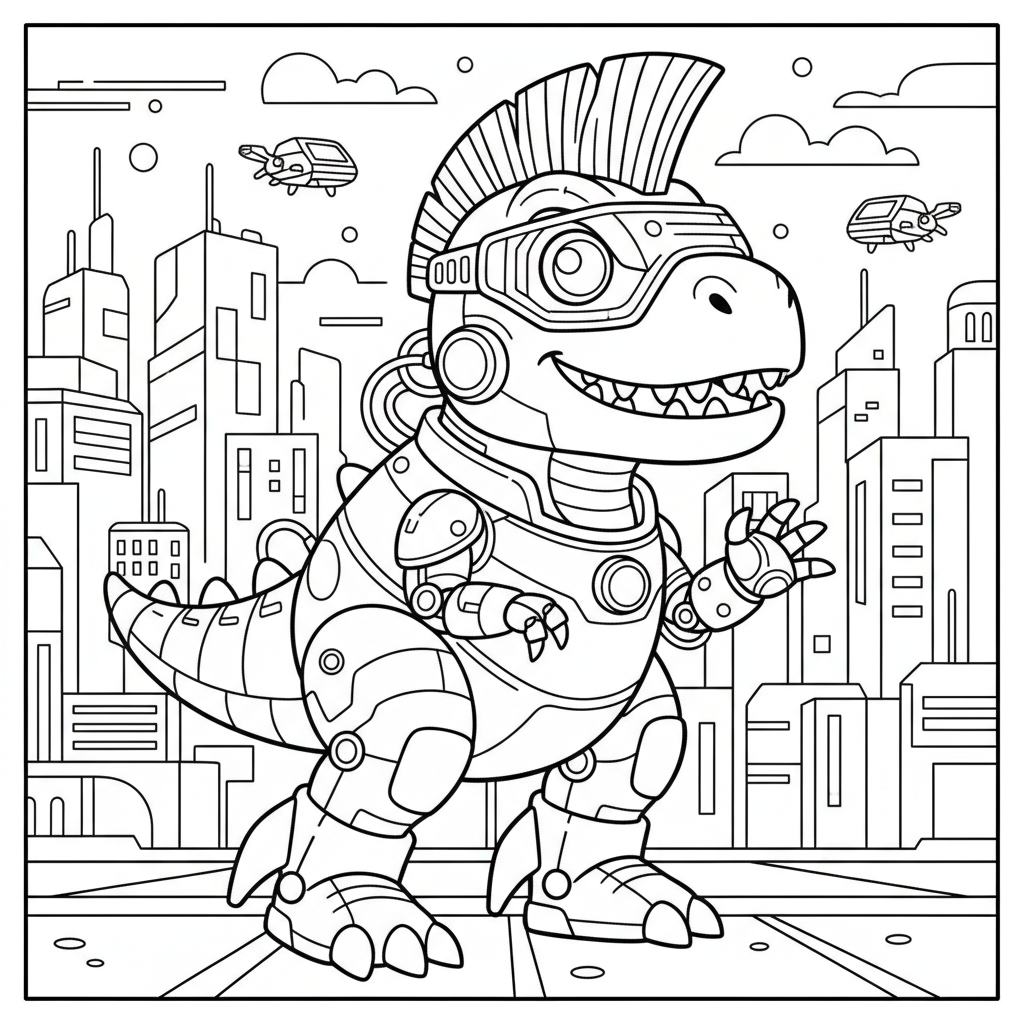 Dinosaur coloring page for everyone - Cyberpunk style