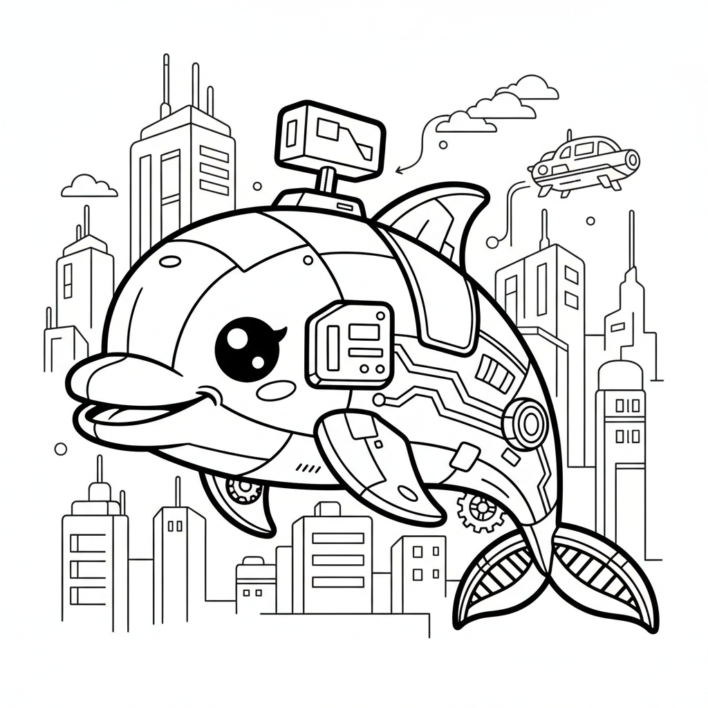 Dolphin coloring page for everyone - Cyberpunk style