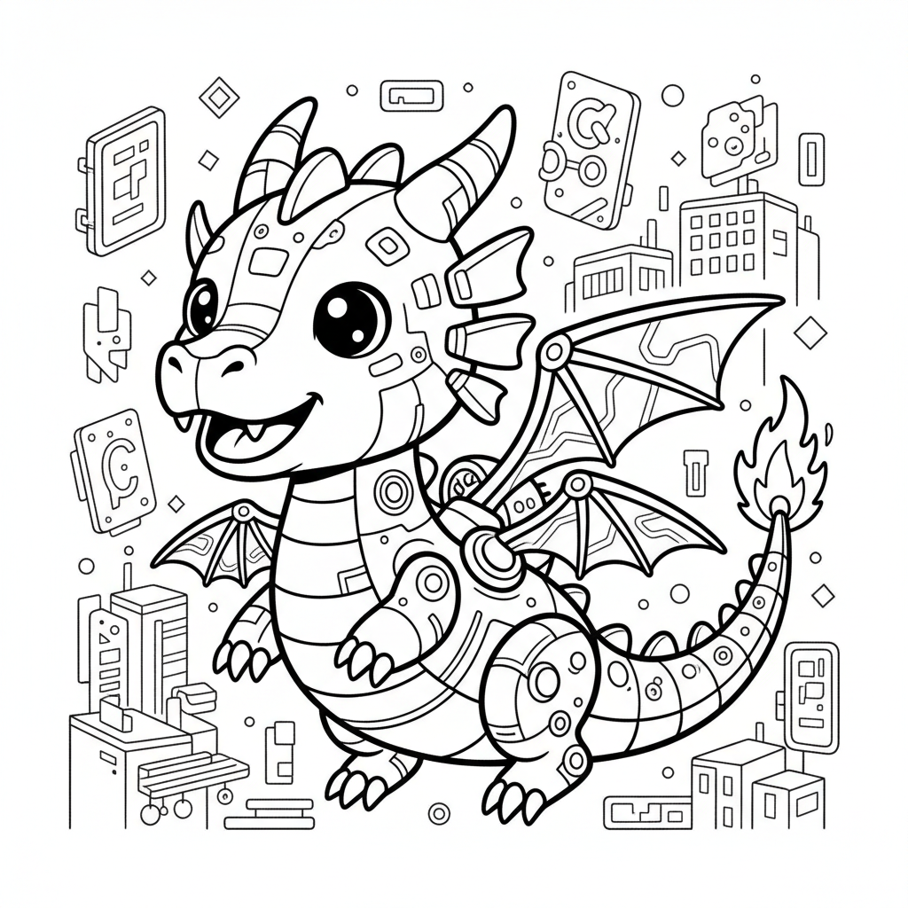 Dragon coloring page for everyone - Cyberpunk style
