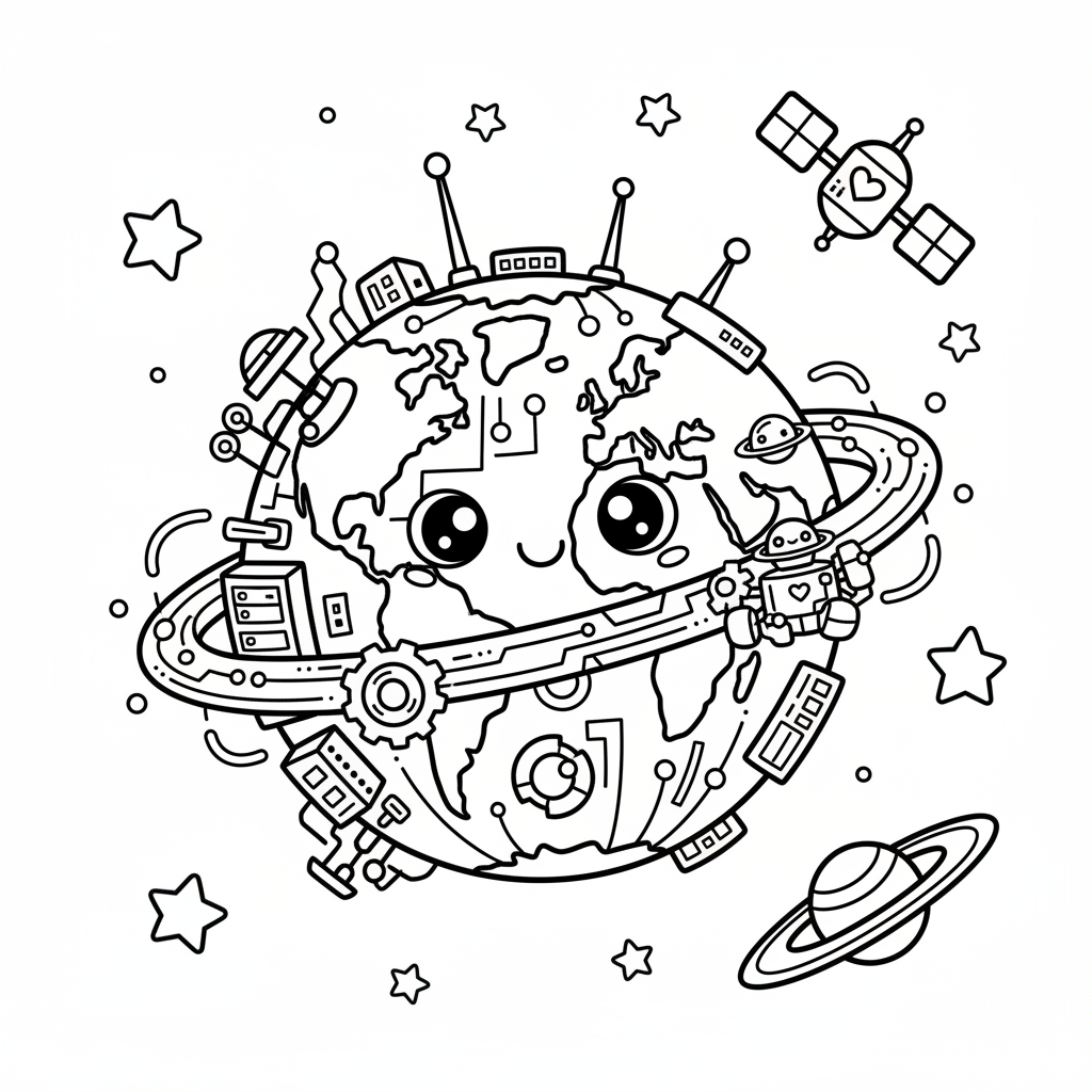 Earth coloring page for everyone - Cyberpunk style