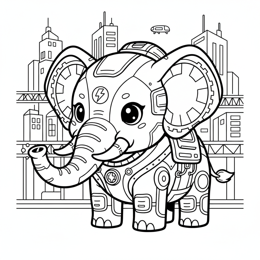 Elephant coloring page for everyone - Cyberpunk style