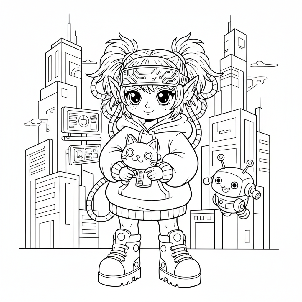 Elf coloring page for everyone - Cyberpunk style