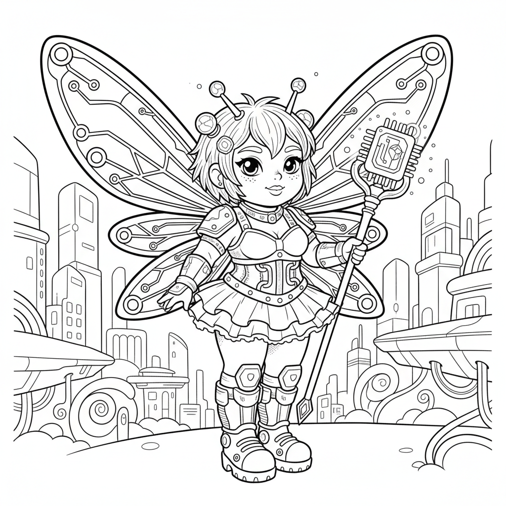 Fairy coloring page for everyone - Cyberpunk style