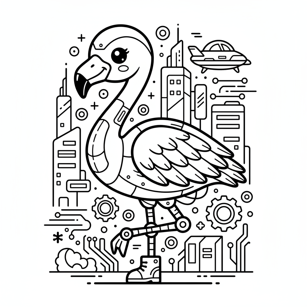 Flamingo coloring page for everyone - Cyberpunk style