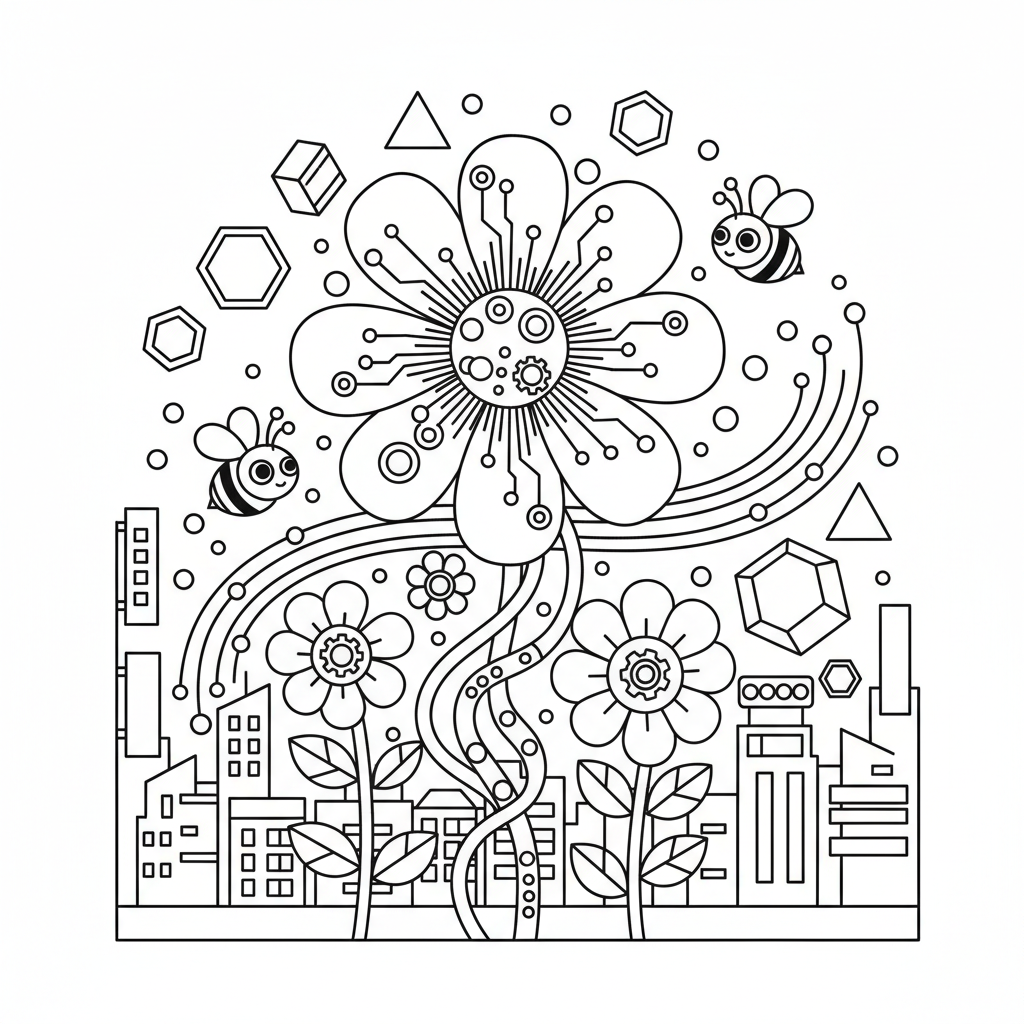 Floral coloring page for everyone - Cyberpunk style