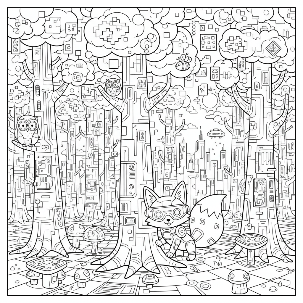 Forest coloring page for everyone - Cyberpunk style