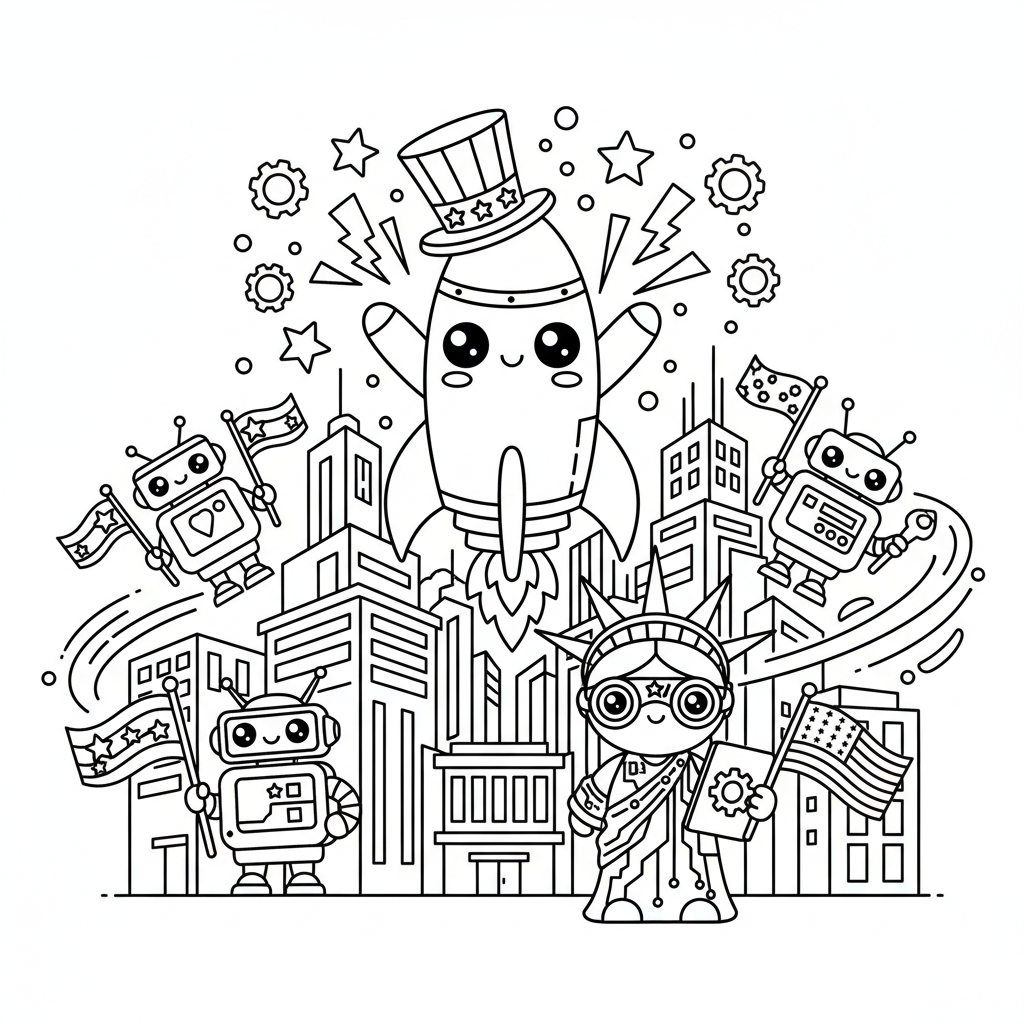 Fourth of July coloring page for everyone - Cyberpunk style