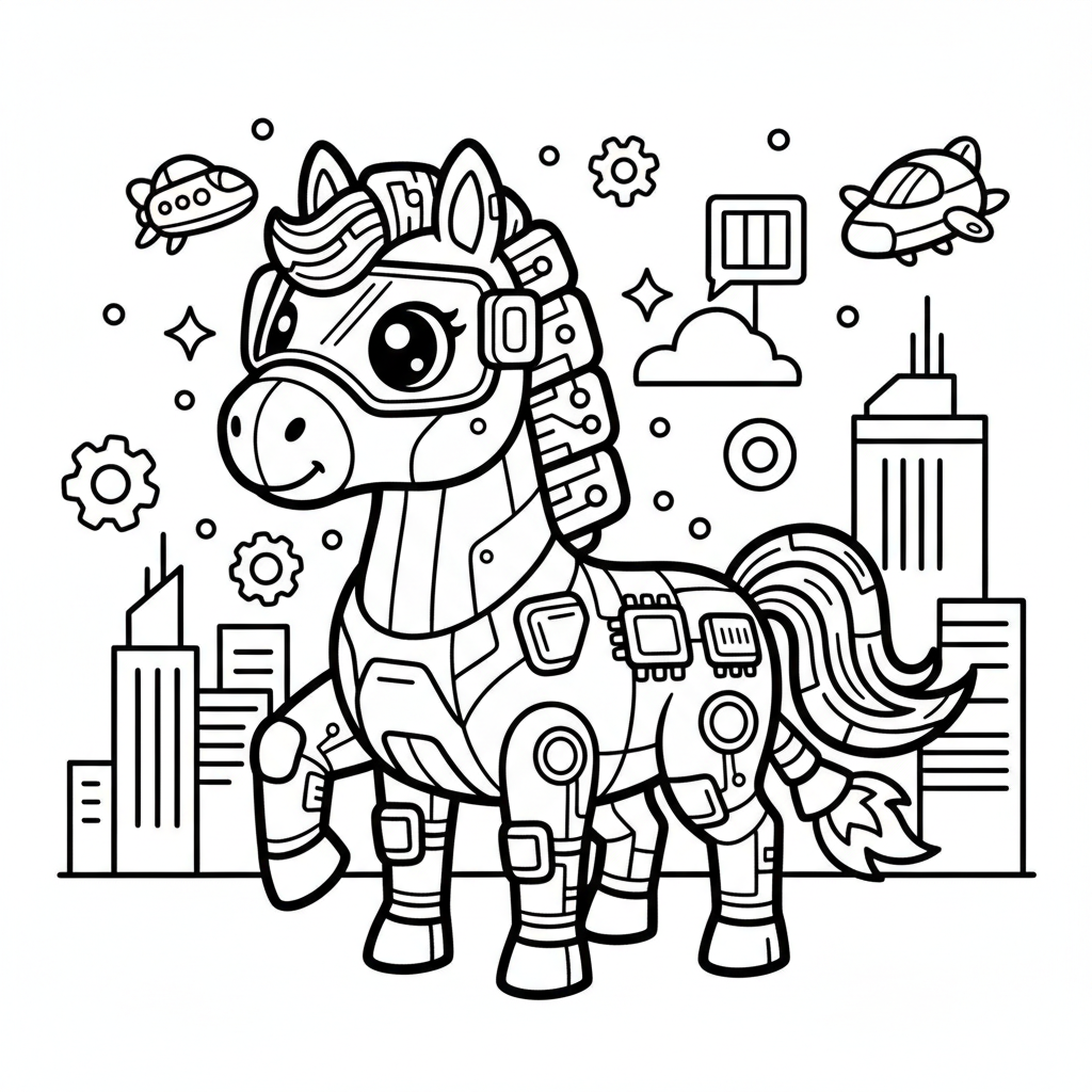 Horse coloring page for everyone - Cyberpunk style