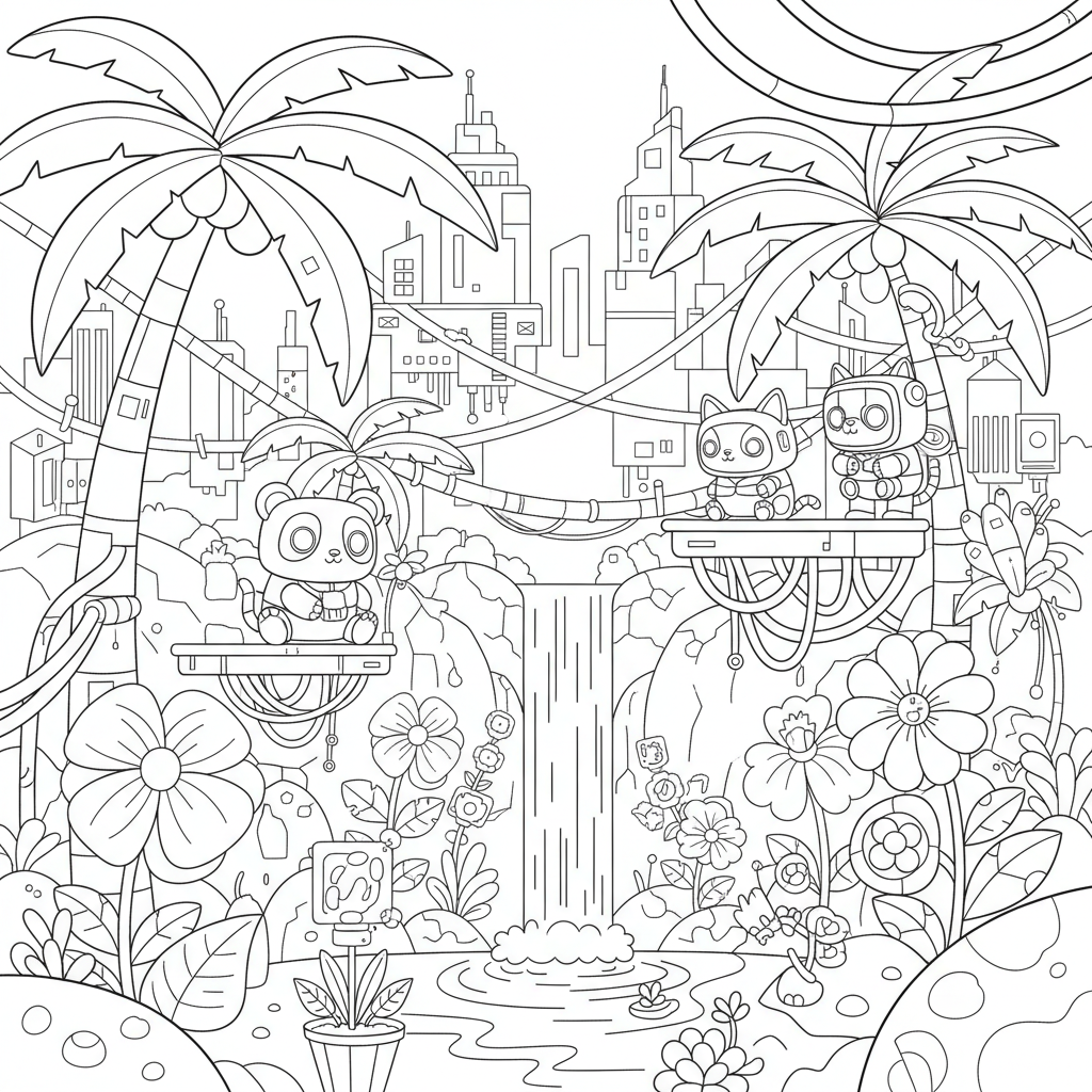 Jungle coloring page for everyone - Cyberpunk style