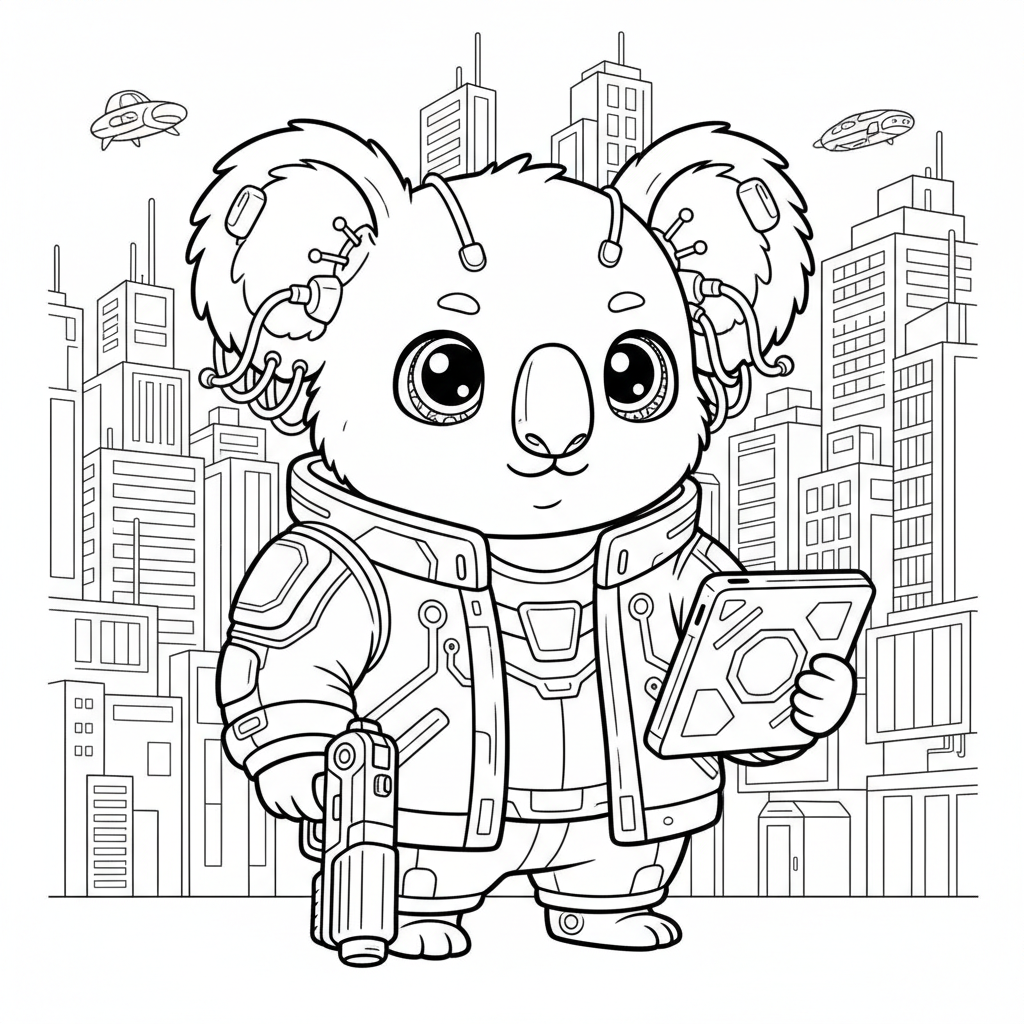 Koala coloring page for everyone - Cyberpunk style