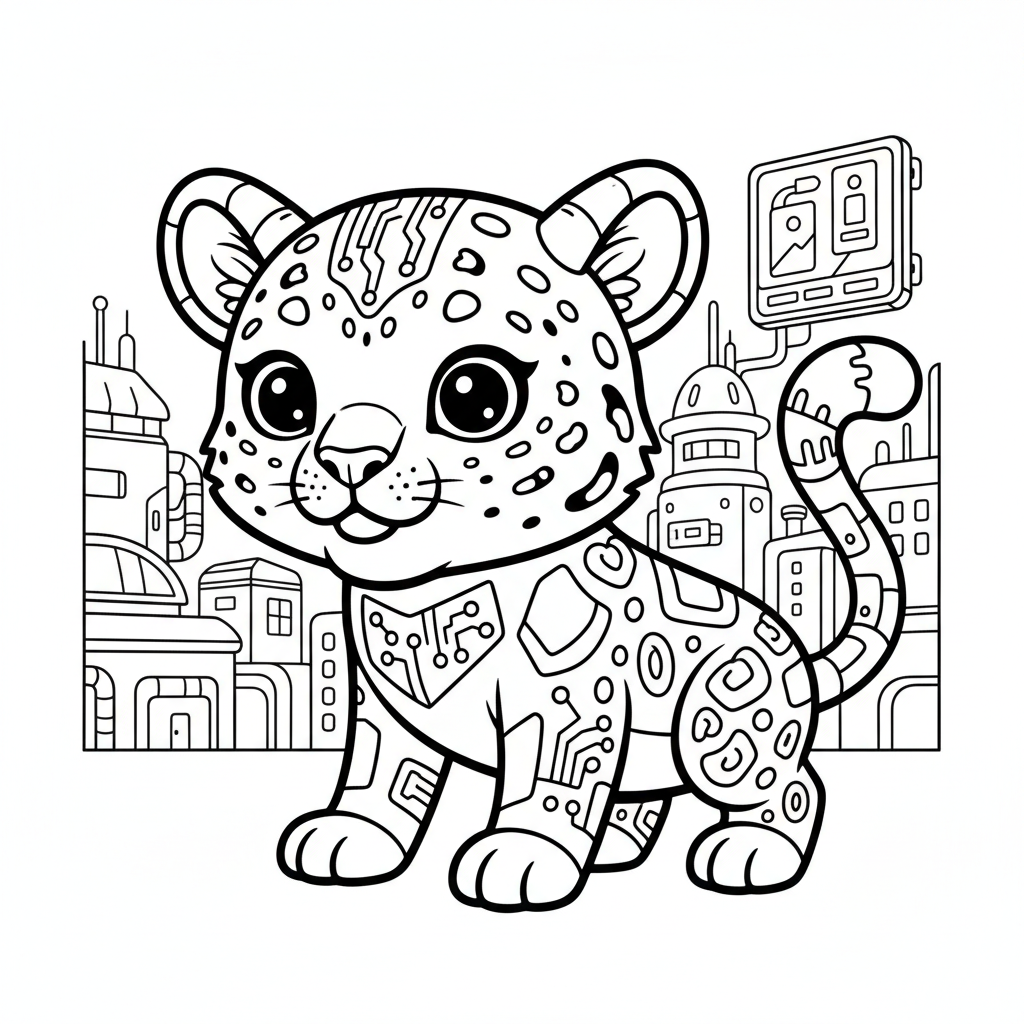 Leopard coloring page for everyone - Cyberpunk style