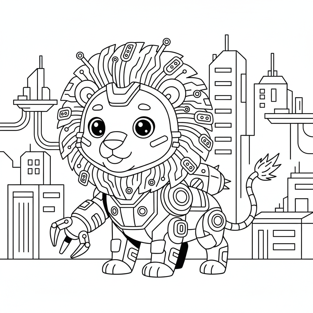 Lion coloring page for everyone - Cyberpunk style