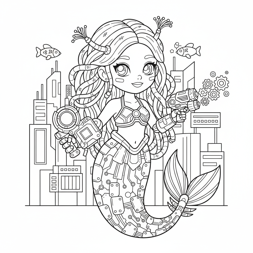 Mermaid coloring page for everyone - Cyberpunk style
