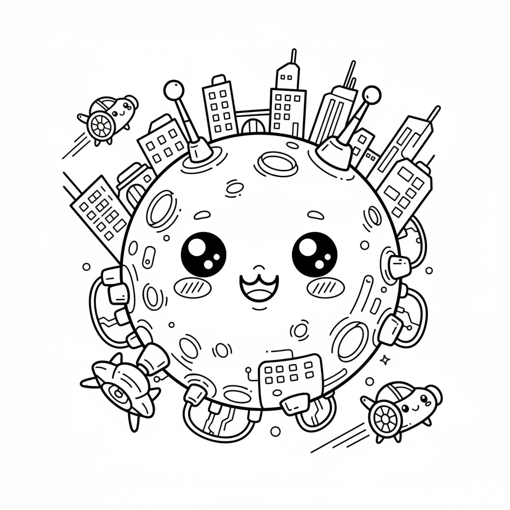 Moon coloring page for everyone - Cyberpunk style