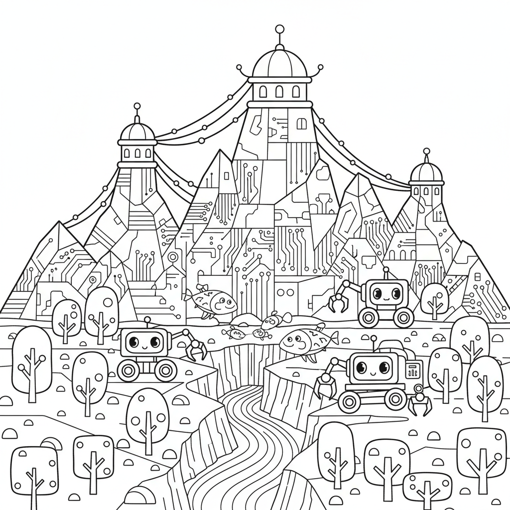 Mountain coloring page for everyone - Cyberpunk style