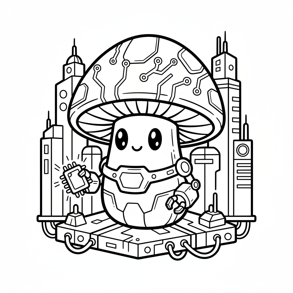 Mushroom coloring page for everyone - Cyberpunk style