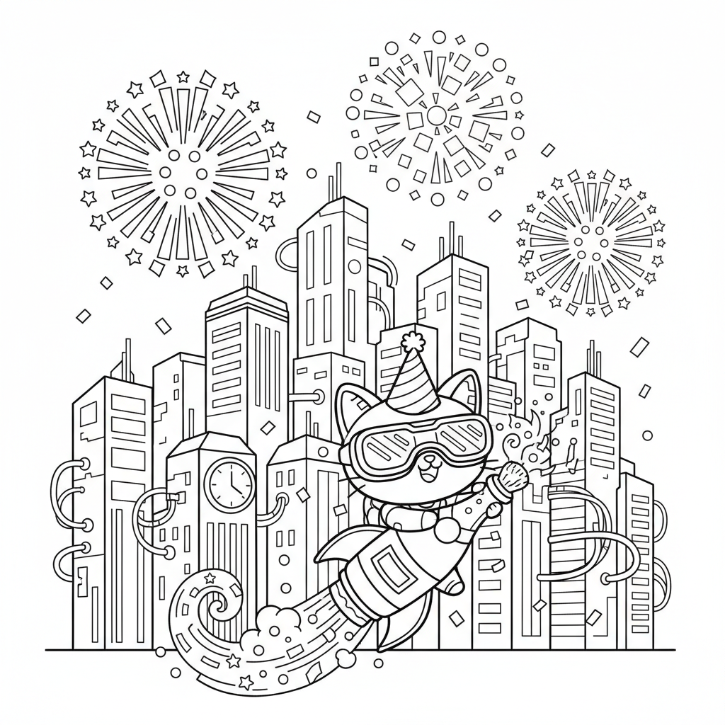 New Year's Eve coloring page for everyone - Cyberpunk style