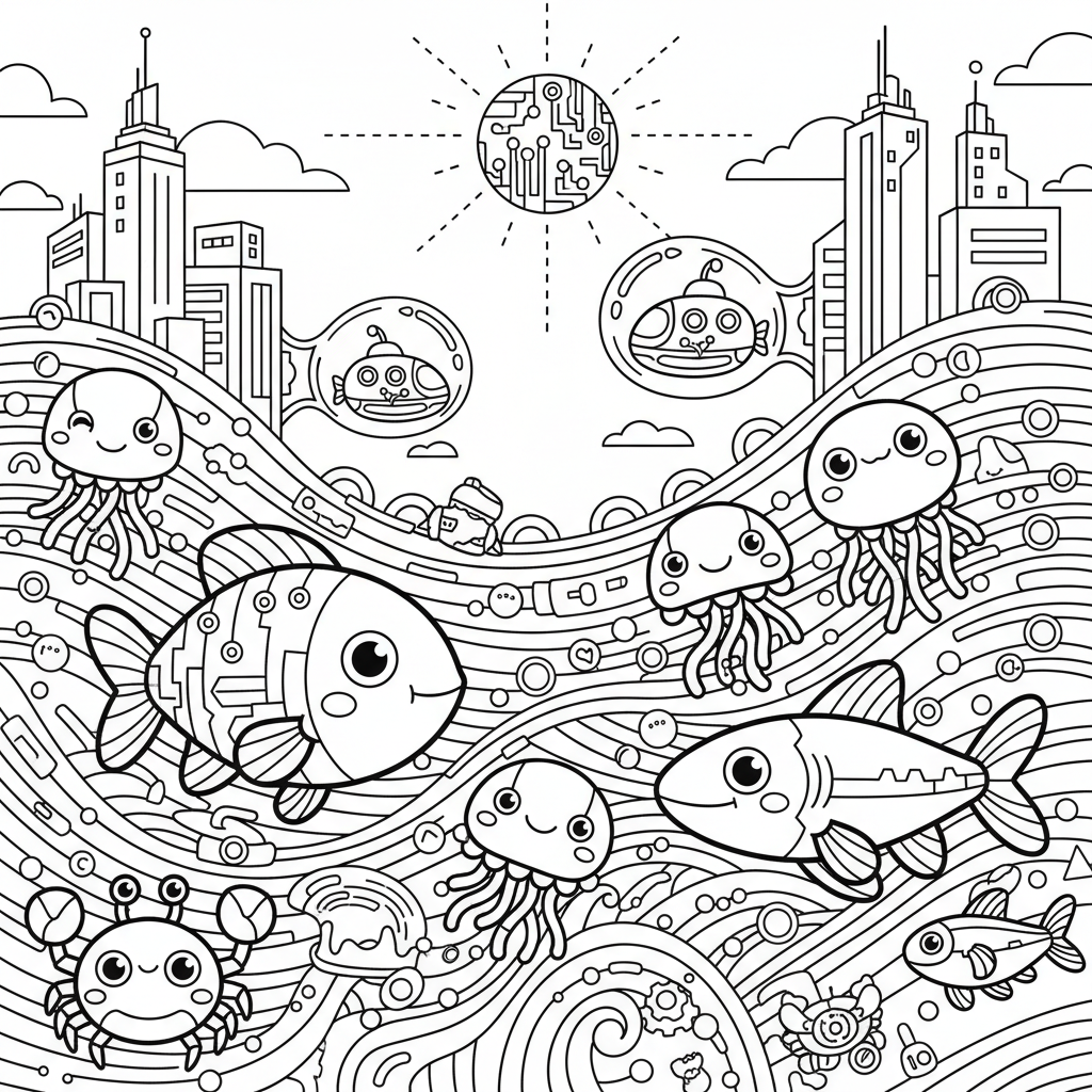 Ocean coloring page for everyone - Cyberpunk style