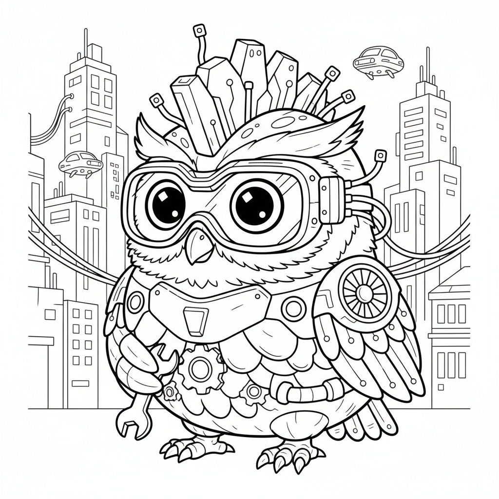 Owl coloring page for everyone - Cyberpunk style