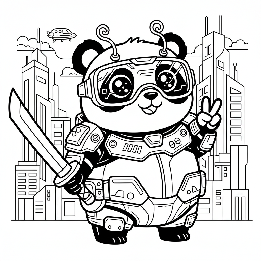 Panda coloring page for everyone - Cyberpunk style