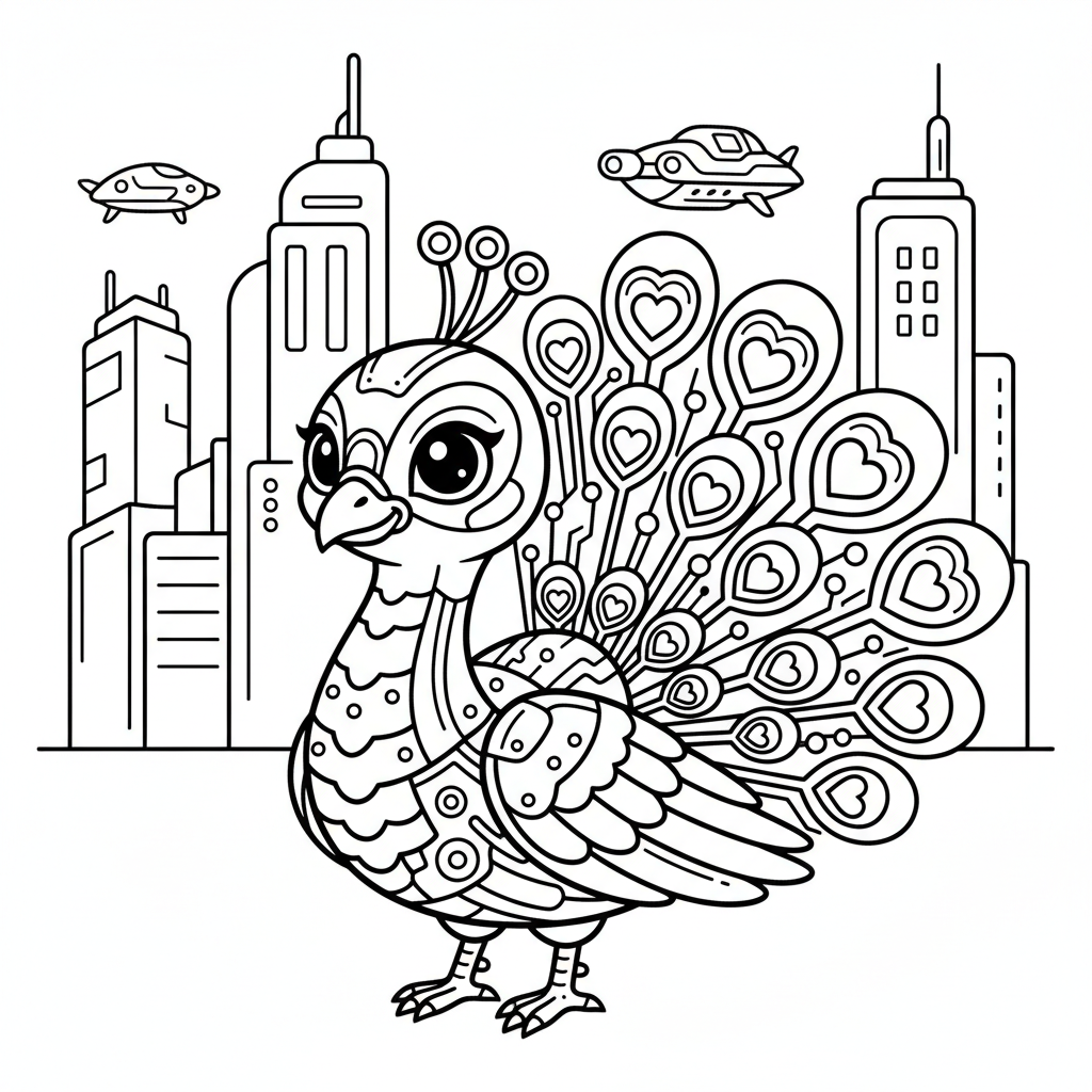 Peacock coloring page for everyone - Cyberpunk style