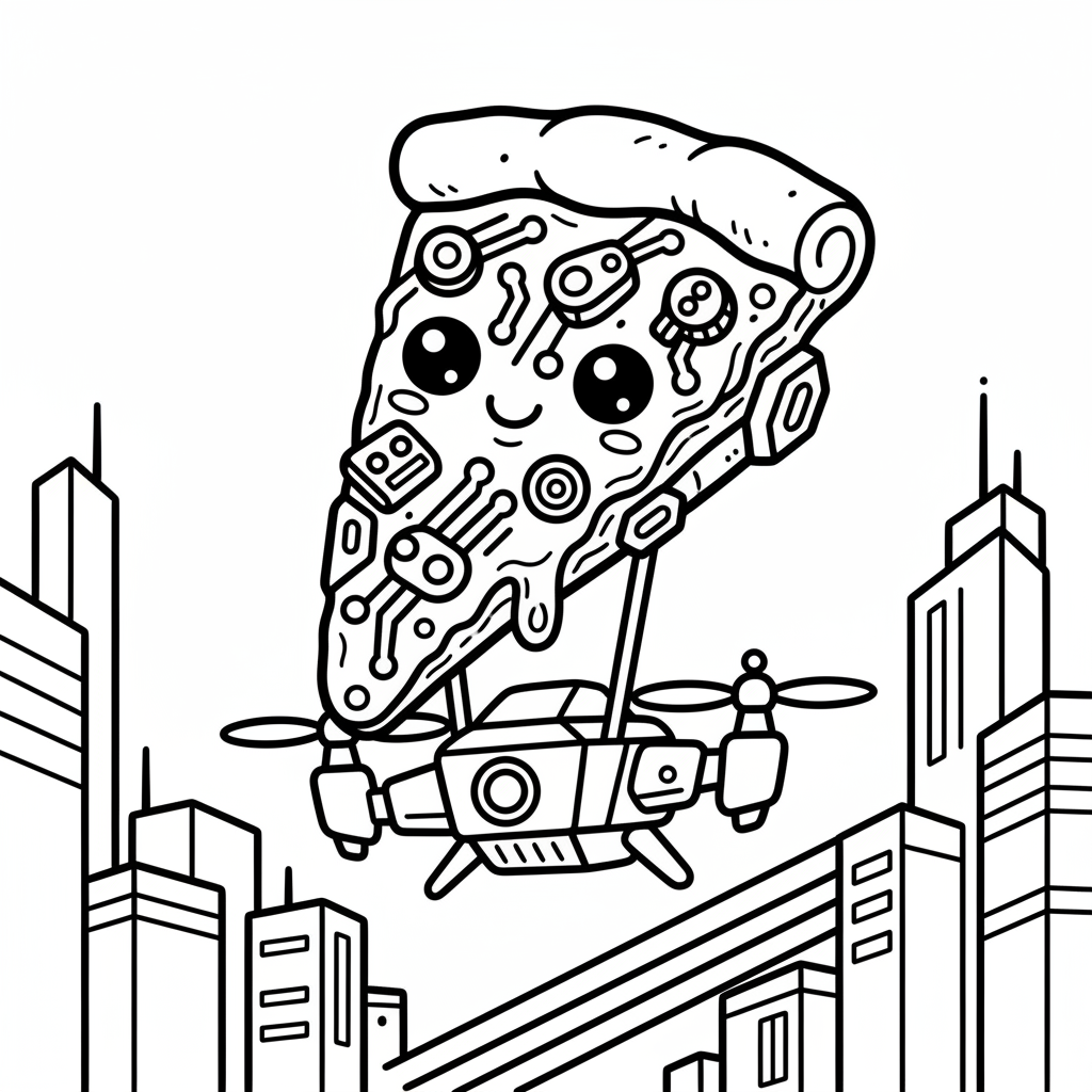 Pizza coloring page for everyone - Cyberpunk style
