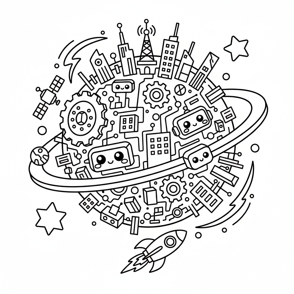 Planet coloring page for everyone - Cyberpunk style