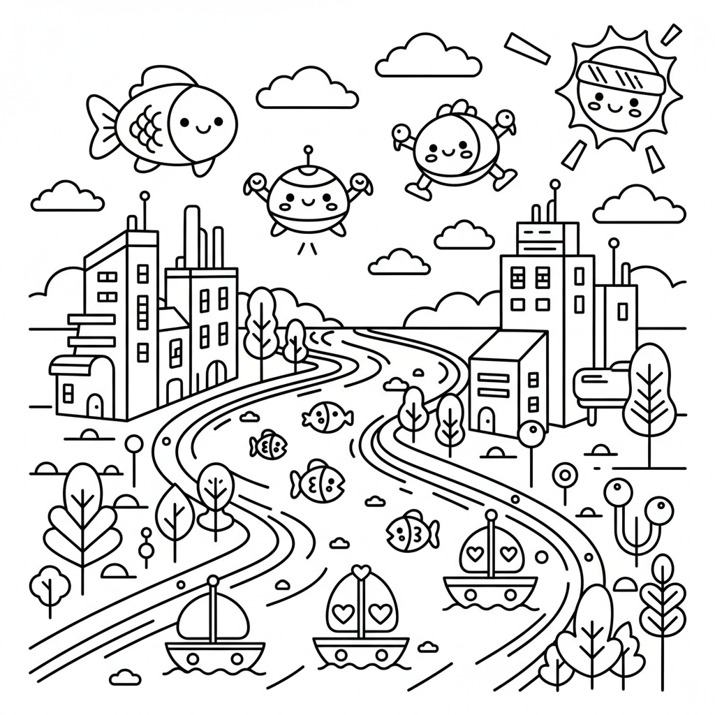 River coloring page for everyone - Cyberpunk style