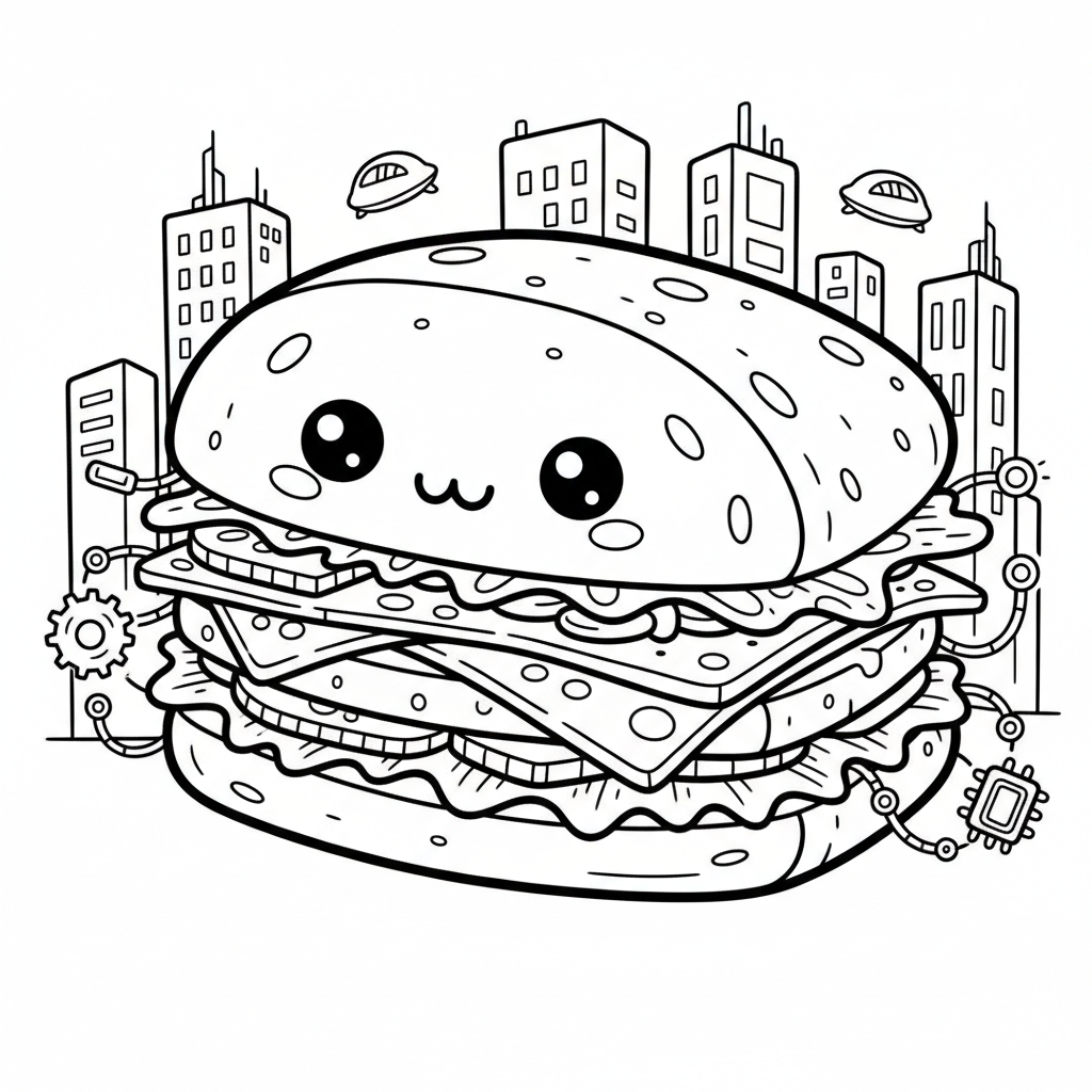 Sandwich coloring page for everyone - Cyberpunk style
