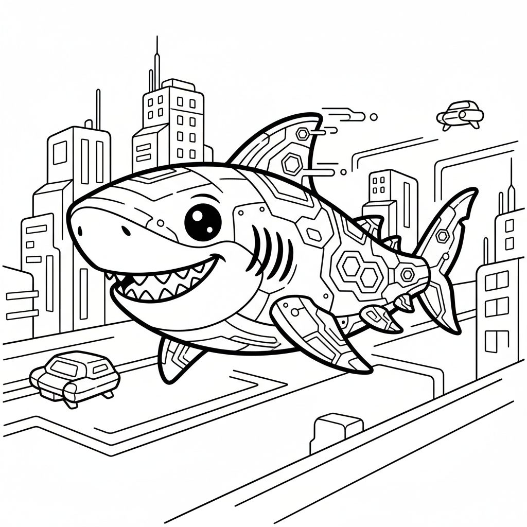 Shark coloring page for everyone - Cyberpunk style