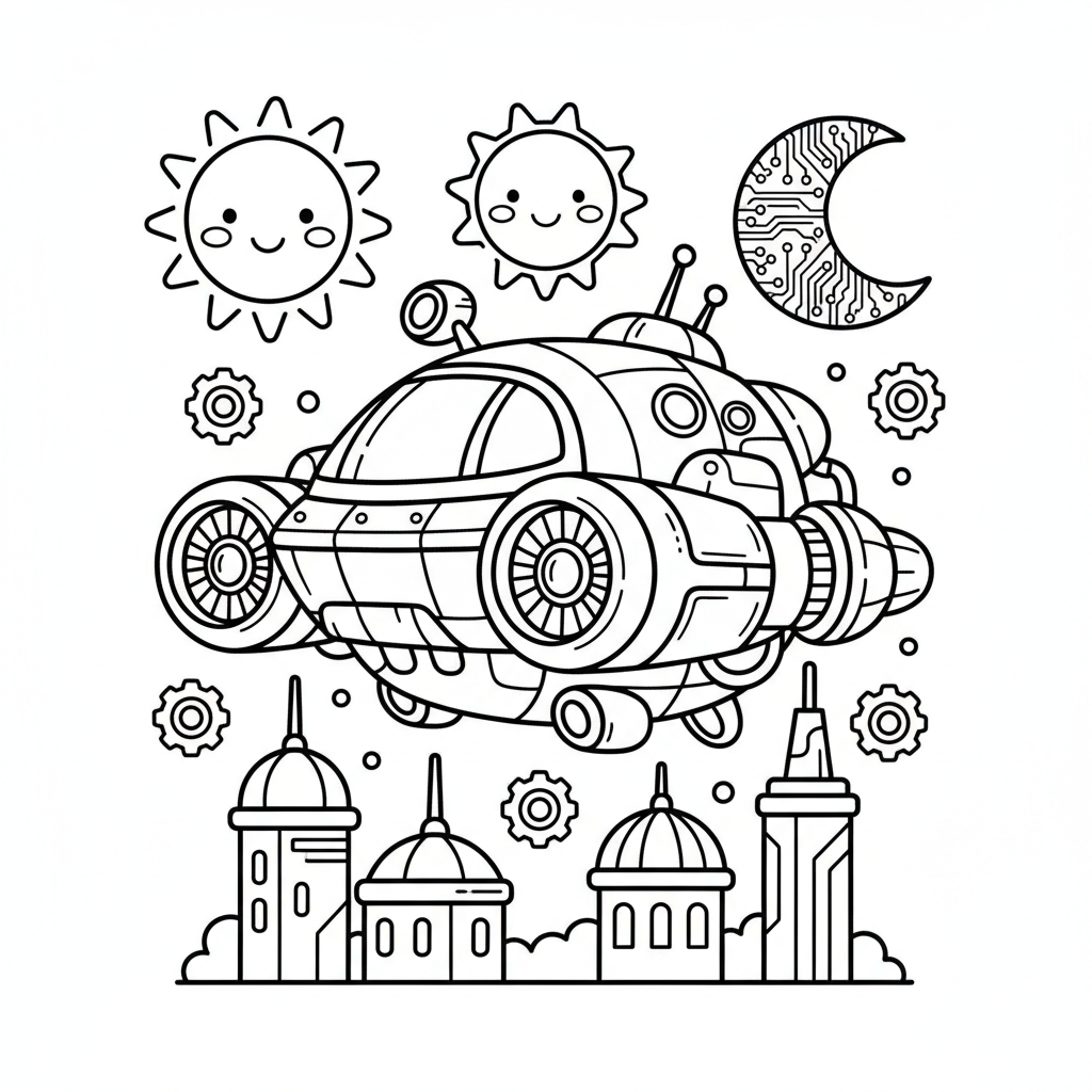 Ship coloring page for everyone - Cyberpunk style
