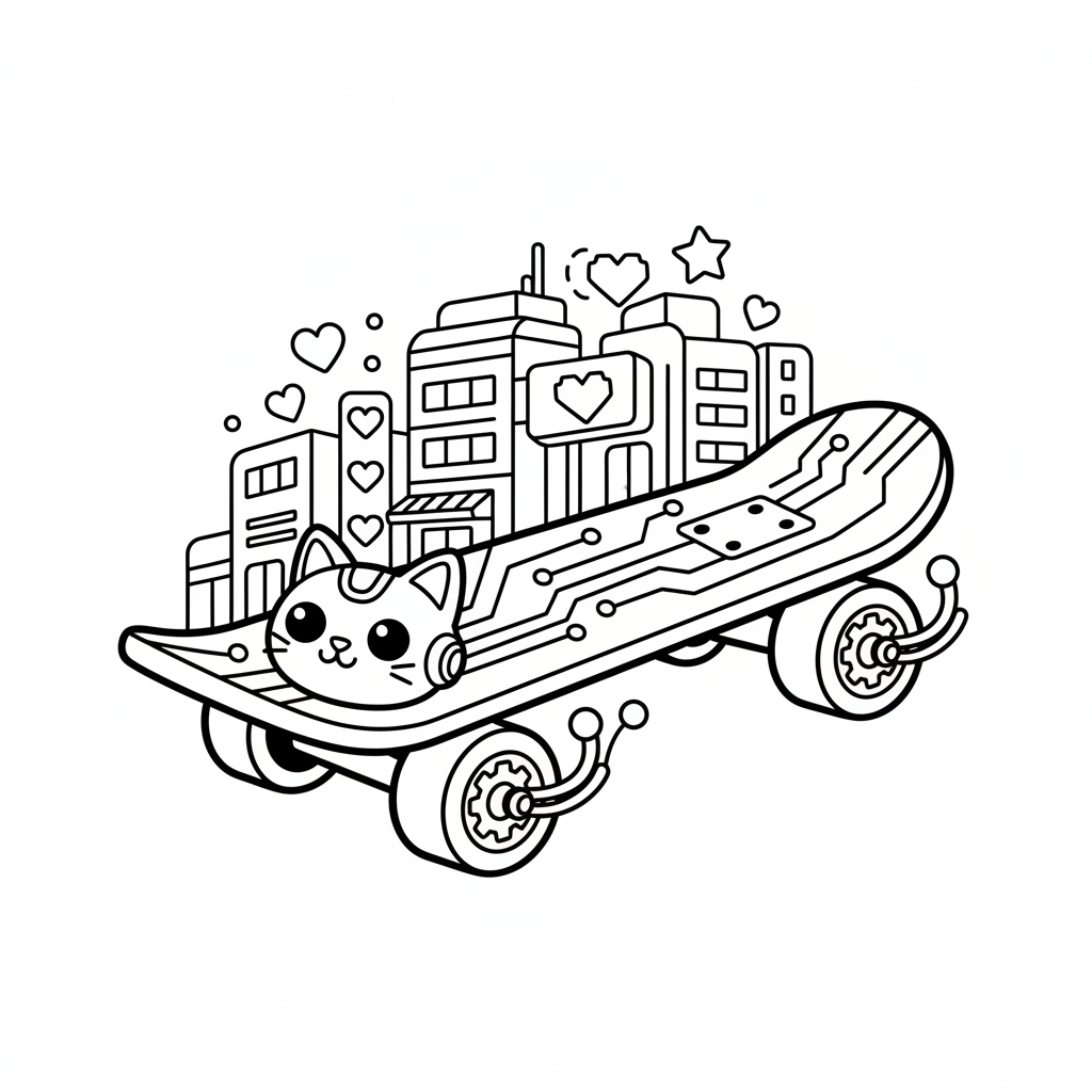 Skateboard coloring page for everyone - Cyberpunk style
