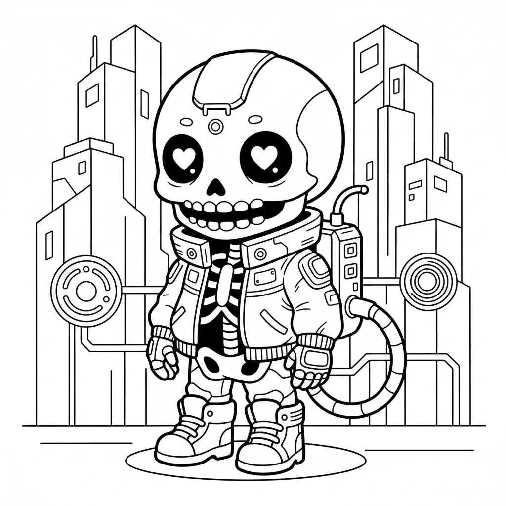 Skeleton coloring page for everyone - Cyberpunk style