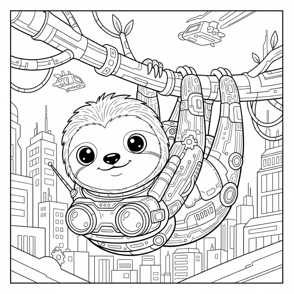 Sloth coloring page for everyone - Cyberpunk style