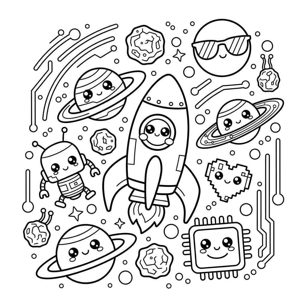 Space coloring page for everyone - Cyberpunk style