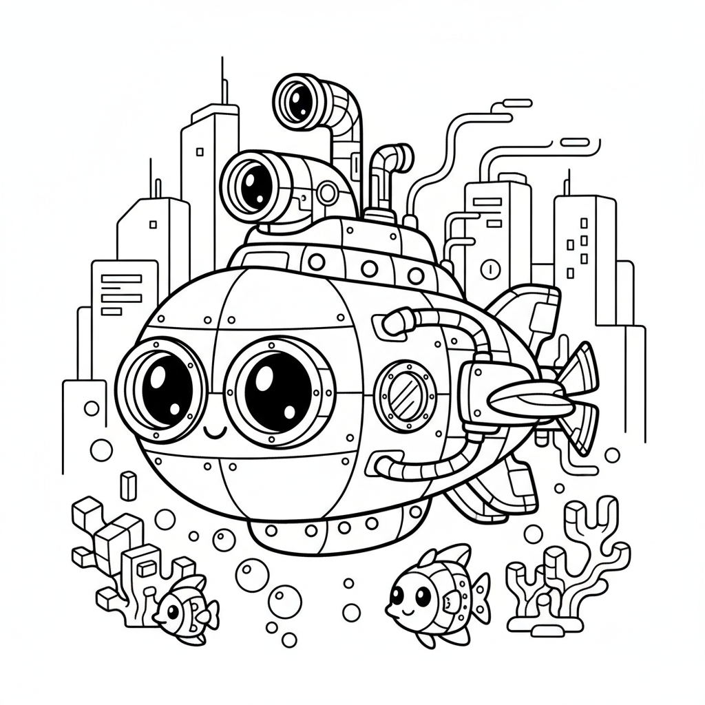 Submarine coloring page for everyone - Cyberpunk style