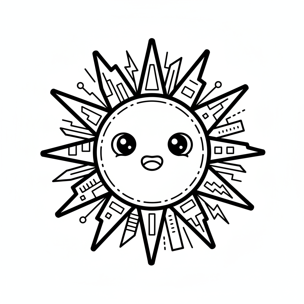 Sun coloring page for everyone - Cyberpunk style