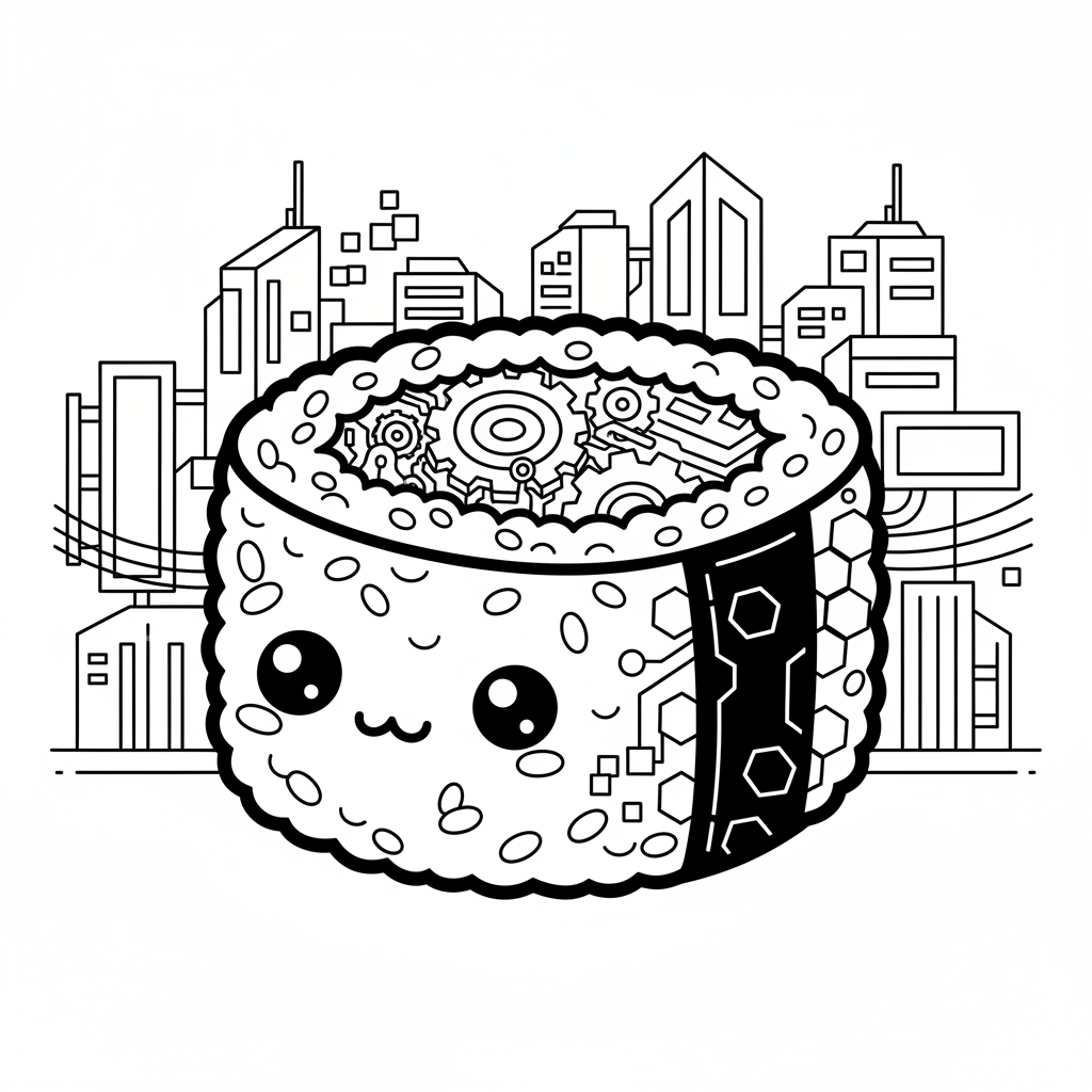 Sushi coloring page for everyone - Cyberpunk style