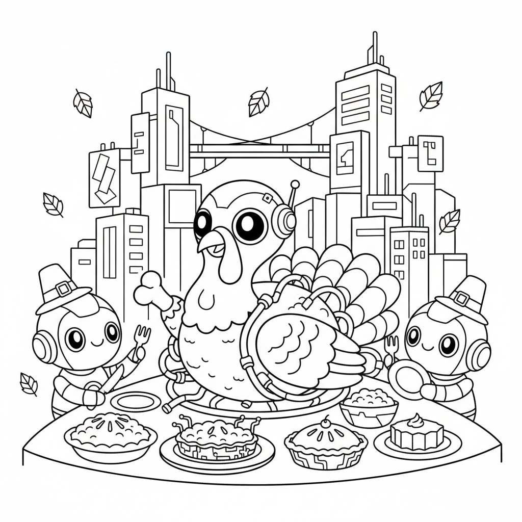 Thanksgiving coloring page for everyone - Cyberpunk style