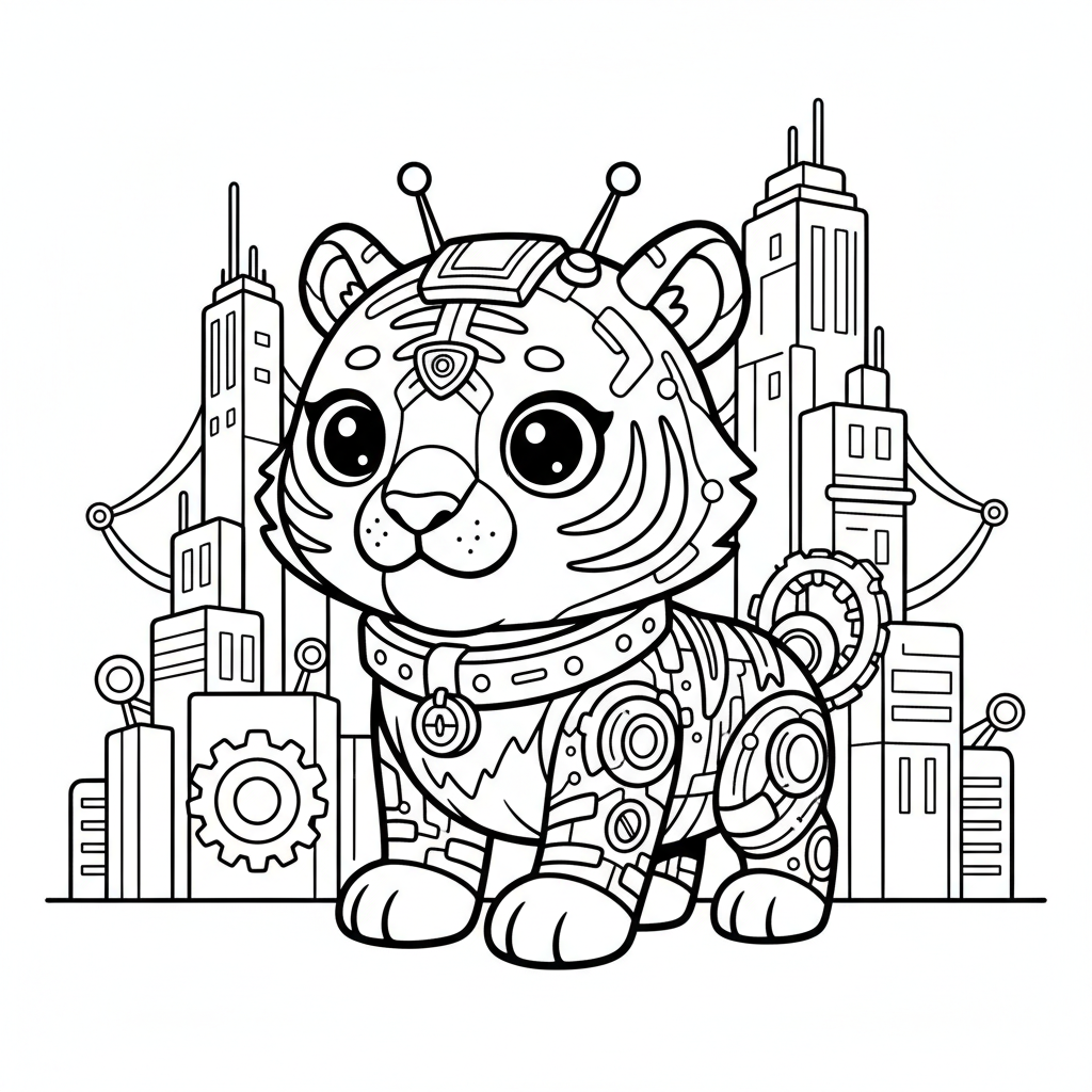 Tiger coloring page for everyone - Cyberpunk style