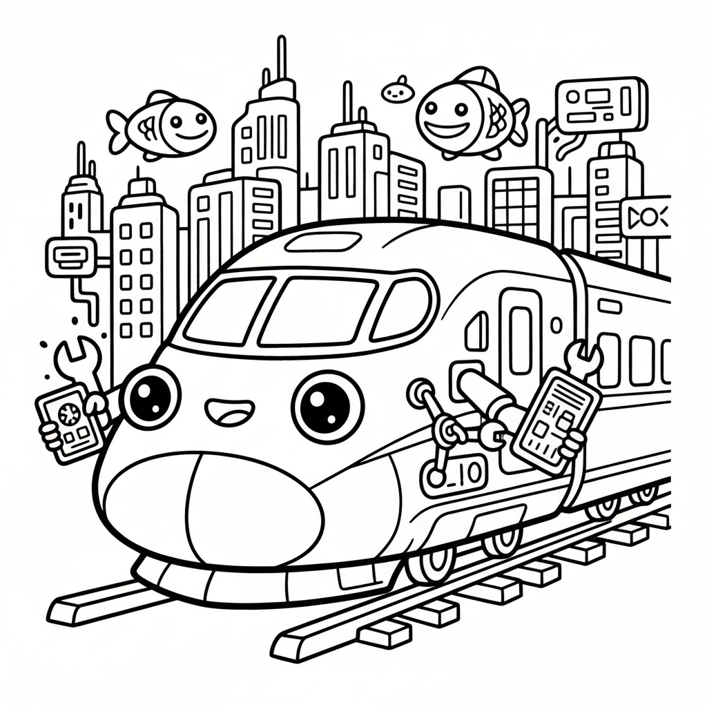 Train coloring page for everyone - Cyberpunk style