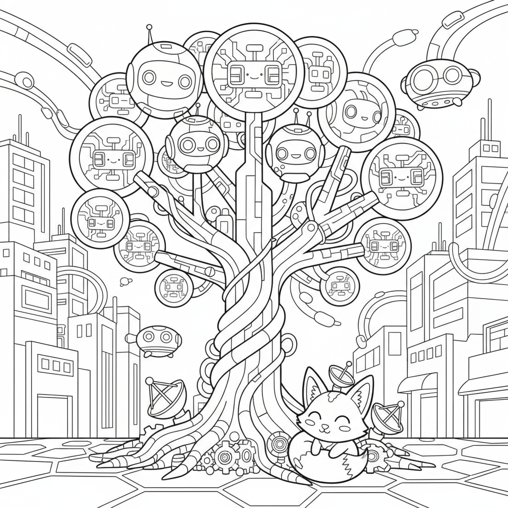 Tree coloring page for everyone - Cyberpunk style